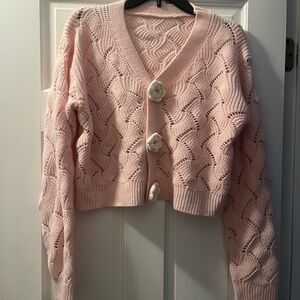 Soft Pink Knit Flower-Button Cardigan Sweater, lightweight